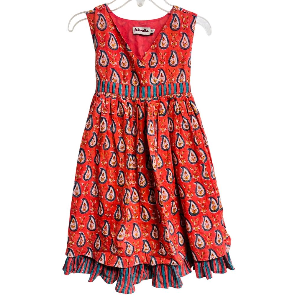 Fabindia Girl Cotton Dress Paisley Print Coral Pink Fit Flare Lined Size 7-8 New